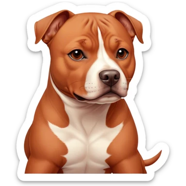 Cinematic Noble Red/Fawn Staffordshire Bull Terrier Portrait Emoji, Poised and regal, with a compact, muscular build and a sleek, well-groomed red/fawn Fur accented by subtle white markings, deep-set soulful dark eyes, Simplified yet sharp and sophisticated features, highly detailed, glowing with a soft, dignified glow, high shine, intelligent and loyal, stylized with an air of strength, focused and attentive, soft glowing outline, capturing the essence of a watchful and confident guardian, so majestic it feels as though it could stride out of the screen with effortless authority! sticker