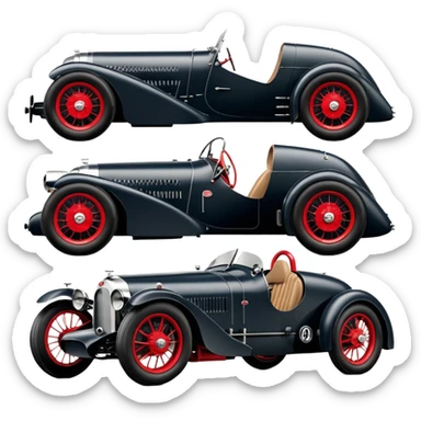  Fenderless extended-wheelbase 1936 luxury racing Bugatti lowered powerful 4 cylinder engined racing car featuring advanced rugged 4 wheel independent suspension, power steering, disc brakes and small leather covered steering wheel  sticker