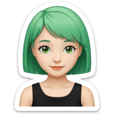 Girl with Mint Bob Cut – short green hair, cheerful smile, black dress sticker
