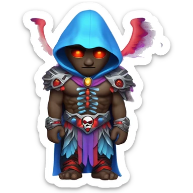 
Un personnage crânien stylisé avec capuche sombre, ailes lumineuses multicolores (rouge, violet, bleu), yeux rouges en croix, halo au-dessus, épées croisées dans le dos, torse musclé, bracelets noirs, et un style cartoon néon énergique. sticker