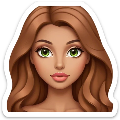 Glamours, tanned, very beautiful girl, with big pump peach-beige-rose lips, long long lashes, brown wavy smooth silky long hair, straight parting hair, green-brown eyes sticker