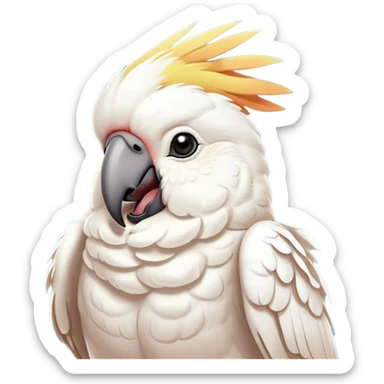 Cinematic Cute Yawning Cockatoo Portrait Emoji, Head tilted slightly with a dramatic, wide-open yawn, showcasing a plump, feathered body with a softly drooping crest and sleepy, half-closed eyes, Simplified yet irresistibly adorable features, highly detailed, glowing with a soft, cozy tropical glow, high shine, relaxed yet expressive, stylized with a dash of whimsical avian charm, soft glowing outline, capturing the essence of a drowsy yet affectionate cockatoo that appears ready to stretch out and yawn its way off the screen! sticker
