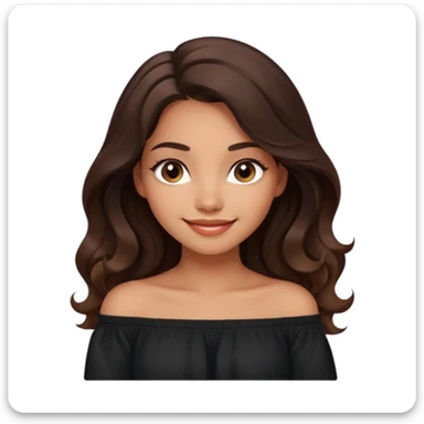 clean modern emoji of a young woman with medium skin tone, long wavy dark brown hair, black off-shoulder top, soft friendly smile, expressive eyes, warm charming confident style, subtle gradient background sticker
