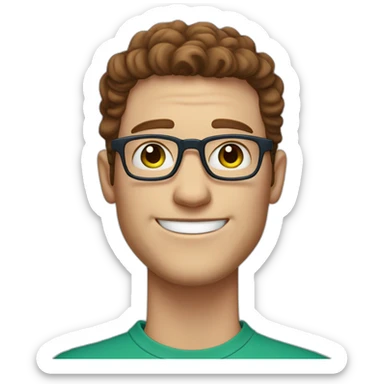White man with freckles and rectangular glasses, short dark chestnut hair on the sides and long curls on top. Green/Blue eyes. And a big cheerful smile sticker
