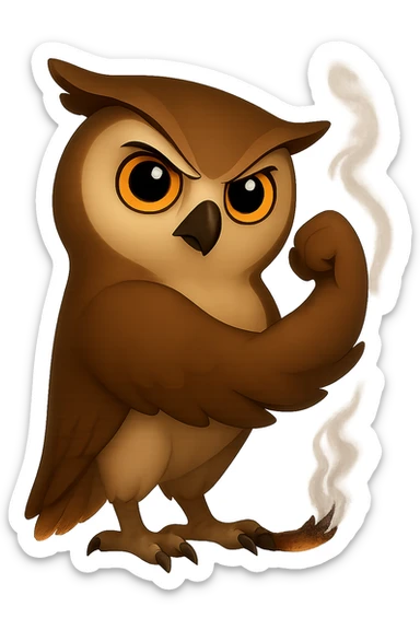 Точно такая же картинка и поза, только хвост совы слегка подгоревший и от него идет дымок, прозрачный фон sticker