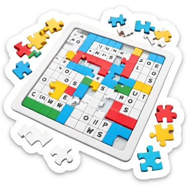 A photorealistic icon with a colorful, fragmented puzzle piece, a crossword magazine, a 3D puzzle, and a partially completed puzzle on a table. Bright, detailed design with realistic lighting. Transparent background, clearly symbolizing puzzles and brain games. sticker