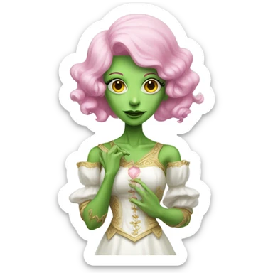a green amazon alien woman in Victorian white gold full body pink hair sticker