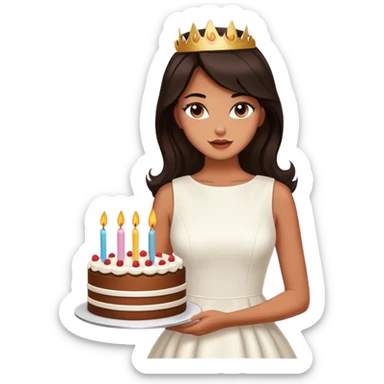 Beautiful woman in 1965’s woman fashion look, white dress, long dark brown hair, birthday cake sticker