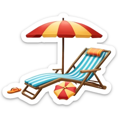 Icon for Beach Tourism: a sandy beach with a ocean skyline in the background, lounge chair, sun umbrella and flip-flops. The icon should capture the relaxation and fun of a beach vacation. Transparent background sticker