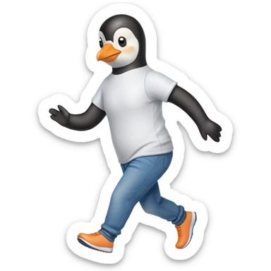 friendly anthropomorphised penguin in jeans and a t-shirt jogging upright standard pose no sunglasses sticker