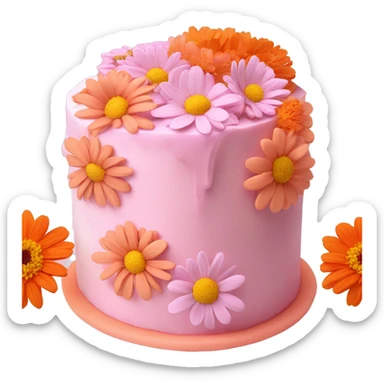 pastel pink and orange birthday cake with light pink mums and cosmos and zinnias on top with orange centers sticker