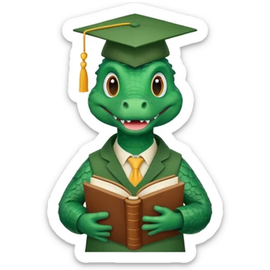 A claymation-style academic alligator with a book. The background is a solid white circle sticker