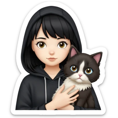 A girl in a hoodie with straight black hair and bangs holding a ragdoll cat sticker