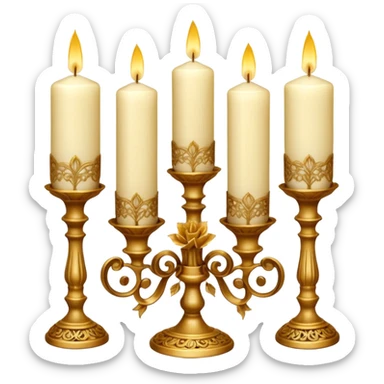 Victorian Candle Set
A cluster of tall, ivory candles in ornate golden holders. Some are carved with lace-like patterns, others wrapped in translucent brown ribbon and dried golden roses. sticker