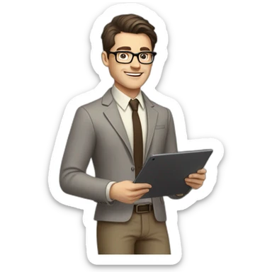 Pale skinned fit man with dark brown hair in gray jacket, beige office shirt, brown tie, brown pants and vintage glasses Writing on the tablet sticker