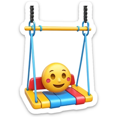 iOS-style 3D emoji: a colorful plastic swing with a safety bar in front, hanging from two ropes, glossy surface and soft shadows sticker