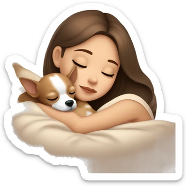 Brown hair girl sleeping with her beige Chihuahua ￼ sticker
