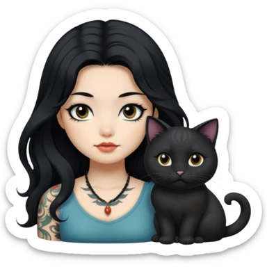 a Chinese girl with long black  Big Wave hair and tattoos and a black round faced cat black eyes .  sticker