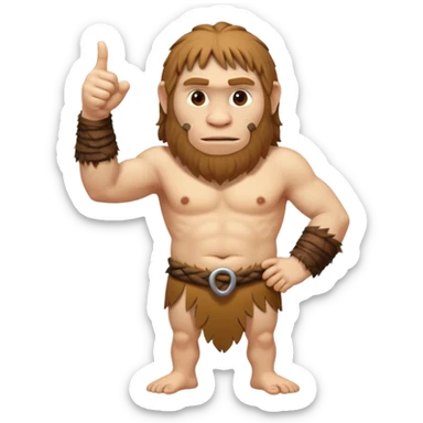A full-bodied Neanderthal, dressed in a loincloth, points his thumb to the left. sticker