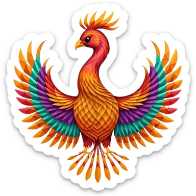 String art icon, large colorful phoenix bird in frontal view, intricate geometric patterns with threads, vibrant colors, minimalistic style, clean lines, transparent background. sticker
