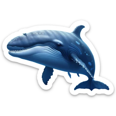 Cinematic Noble Humpback Whale Portrait Emoji, Poised and grand, with an enormous, barnacle-speckled blue-gray body, soulful, wise eyes, and a deeply serene presence, Simplified yet sharp and sophisticated features, highly detailed, glowing with a soft oceanic radiance, high shine, intelligent and powerful, stylized with an air of deep-sea mystery, focused and regal, soft glowing outline, capturing the essence of a legendary giant of the ocean that appears ready to glide majestically through the waves with effortless grace! sticker