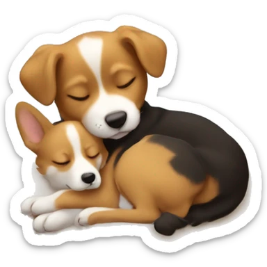 Dark golden Boy sleeping with corgi puppy in Arms  sticker