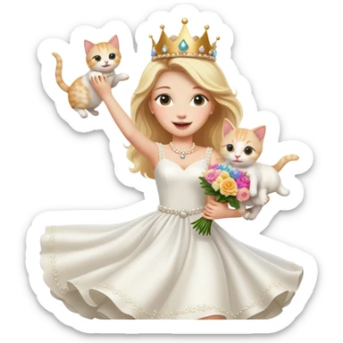 White woman - long hair - white wedding dress - holding a kitten - happy - jumping - stylish - elegant - bouquet - dreamy - colorful - wearing a crown - pearl accessories sticker