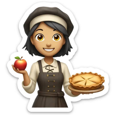 A cute pilgrim asian girl holding a steaming apple pie with a proud smile. sticker