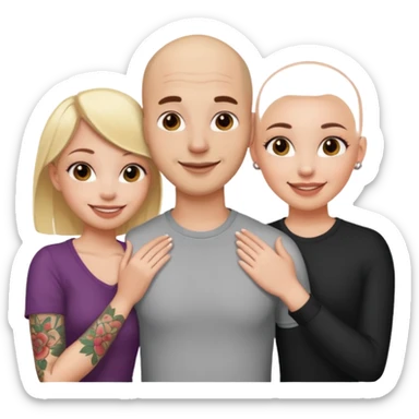 throuple tatted bald boyfriend with blonde girl friend and brunette girlfriend sticker