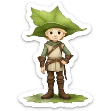 whimsical fairytale medieval pale boy who is tiny and wearing a giant leaf hat and big boots sticker