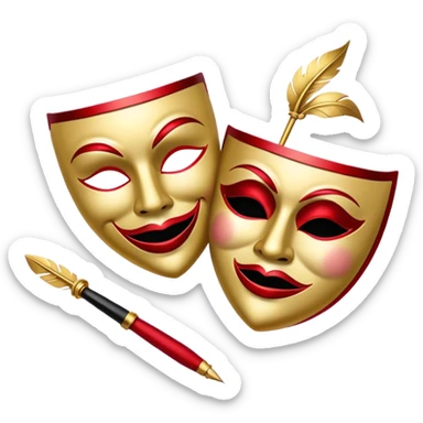 Create a bold and dramatic emoji representing the art of playwriting. The design should feature an open script or a theater playbook, with stylized text lines or dramatic dialogue inside. Include elements like a theatrical comedy and tragedy masks, a stage spotlight, or a quill to symbolize creativity and performance. Use deep, contrasting colors like red, black, and gold to evoke the intensity and passion of drama. The overall design should feel dramatic, inspiring, and artistic. Make the background transparent. sticker