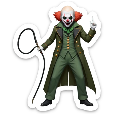 evil clown, bald, small black horns on forehead, fangs, pointed ears, eye patch over one eye, long coat over black and military green leisure suit with bellbottom pants, tail, holding a whip, no knife, realistically proportioned, less bulky, full body, battle-ready, fighting posture sticker