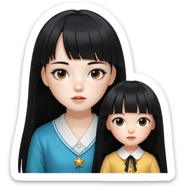pale girl , who has silky straight extremely long black hair with bangs , chestnut monolid eyes , and doll like makeup , dressed like a kpop idol , has freckles sticker