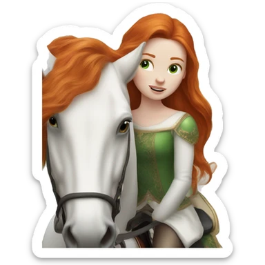 Redhead (ginger) girl, long blowout hair, green eyes and pale skin riding a white horse sticker