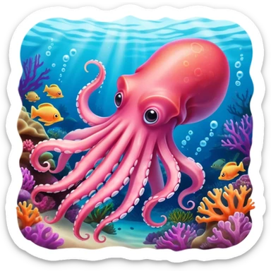 A pink squid gracefully glides through the coral reefs, leaving a trail of vibrant color sticker