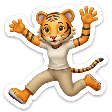 friendly anthropomorphised female tiger in a shirt and pants jumping sticker