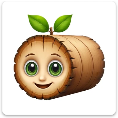caricature of a smiling wooden log with big eyes, green leaves on the head, apple emoji style, white background, cute and colorful sticker