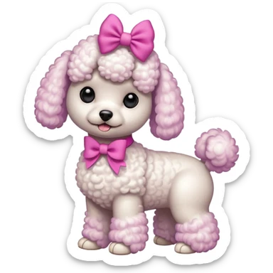 Two white toy poodle–style dogs, fluffy curly fur, round faces, black button eyes. Hot-pink paws, purple-dyed ear tips. One taller dog standing upright wearing a large pastel pink bow, one smaller round dog sitting. Cute plush emoji style. sticker