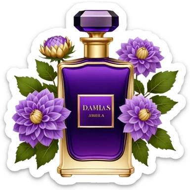 A dark amethyst vintage French-style perfume bottle with intricate golden detailing rests elegantly on an antique vanity. Surrounding it, delicate periwinkle dahlias and soft lavender sprigs add a touch of romantic charm. The glass reflects a warm glow from a nearby candle, enhancing its deep violet hues. The scent of aged vanilla and floral notes lingers in the air, evoking an aura of timeless elegance. sticker