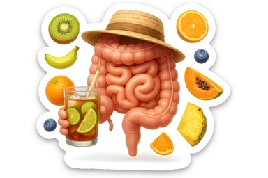EMOJI STILE IPHONE DI INTESTINO UMANO REALISTICO CON CAPPELLO DI PAGLIA DA SPIAGGIA CHE BEVE UN Tè FREDDO IN BICCHIERE DI VETRO CON DENTRO  fette di cetriolo, limone, lime, DIETRO L'INTESTINO FLUTTUANO PEZZETTI DI Kiwi
Banana acerba
Arance e mandarini
Mirtilli
Ananas
Papaya
IPERREALISTICO 4K sticker