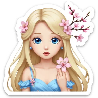 Girl with long blond hair and sakura accessories on her hair with a long tailed dress and have blue eyes beautiful finish and she sending lovely kisses  sticker