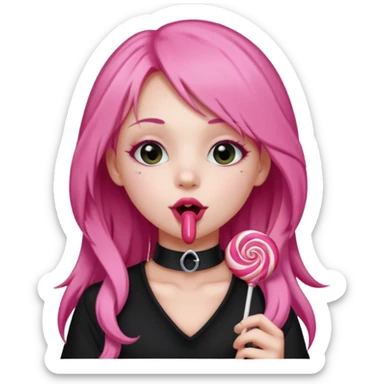 Cute girl with long pink hair wearing black, and a cute choker  licking a lolli sticker