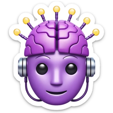 3D emoji icon of a purple circuit-patterned brain, small robot head with antennas on top, glowing binary ring, clean white background, minimalist tech style." sticker