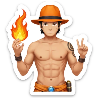 Portgas D. Ace with orange hat, shirtless with ASCE tattoo, fire powers sticker