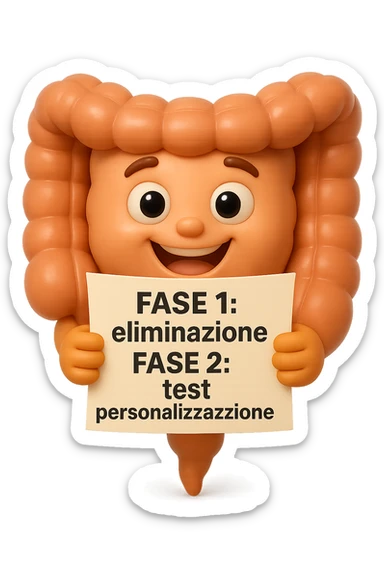 emoji stile iphone 3d di un intestino che tiene in mano un foglio con la scritta "FASE 1: eliminazione, FASE 2: test, FASE 3: personalizzazione, IPERREALISTICO 4K sticker
