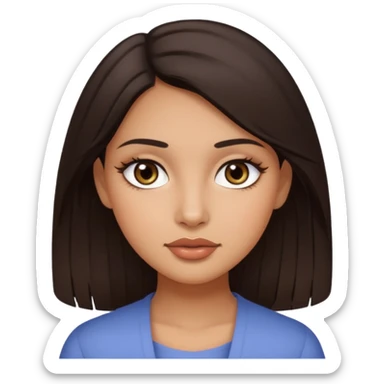 She's with long dark brown hair on her teenager years and her eyes are brown with not very  long natural lushes  her skin is not whit eits medium ( olive) and her faces shape is oval and a little bit circle her lips  awesome but not big lips she has a make up but clean natural looking  make up  sticker