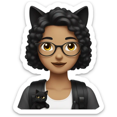 girl with black hair and braces with a black fluffy cat sticker