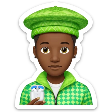 Create me an detailed emoji of a cool Young Nigerian prince wearing a neon green gradient African patterns with  a hat (a Nigerian-inspired patterned hat) and wearing apple airpods sticker