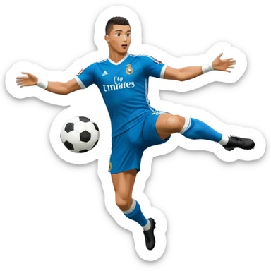 Ronaldo doing a bicycle kick with football in mid air While wearing a Retro blue Real madrid kit and yes i want it to be exactly the same as he Scored it in 2018 vs Juventus  sticker