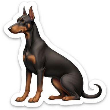 cinematic-[doberman]-realistic-full-body-sitting-emoji,-tail-resting-loosely-beside-its-paws,-head-tilted-dramatically, -sleek-[black and tan]-fur,-simplified-yet-realistic-focused-features,-highly-detailed,-glowing-with-an-almost-sarcastic-glow sticker